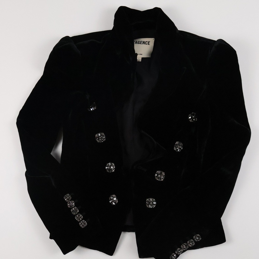 L'AGENCE Velvet Blazer Kenzie Double Breasted Crystal Button Black 2 NEW
